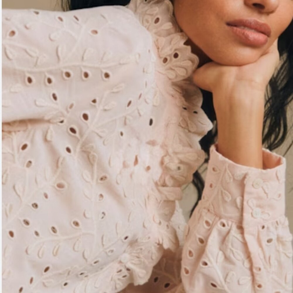Sezane Chlo Shirt in Petal Pink With Embroidered Eyelet Detail